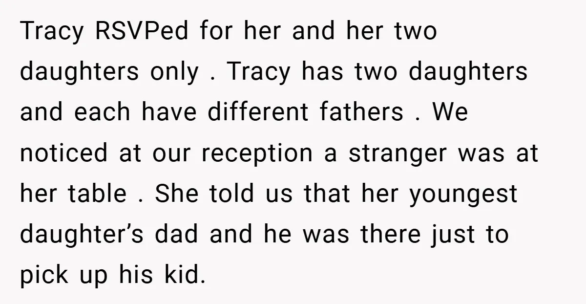 Tracy RSVPed for her and her two daughters only . Tracy has two daughters and each have different fathers . We noticed at our reception a stranger was at her...