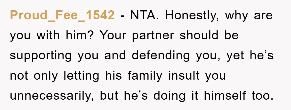 Proud_Fee_1542 − NTA. Honestly, why are you with him? Your partner should be supporting you and defending you, yet he’s not only letting his family insult you unnecessarily, but he’s...