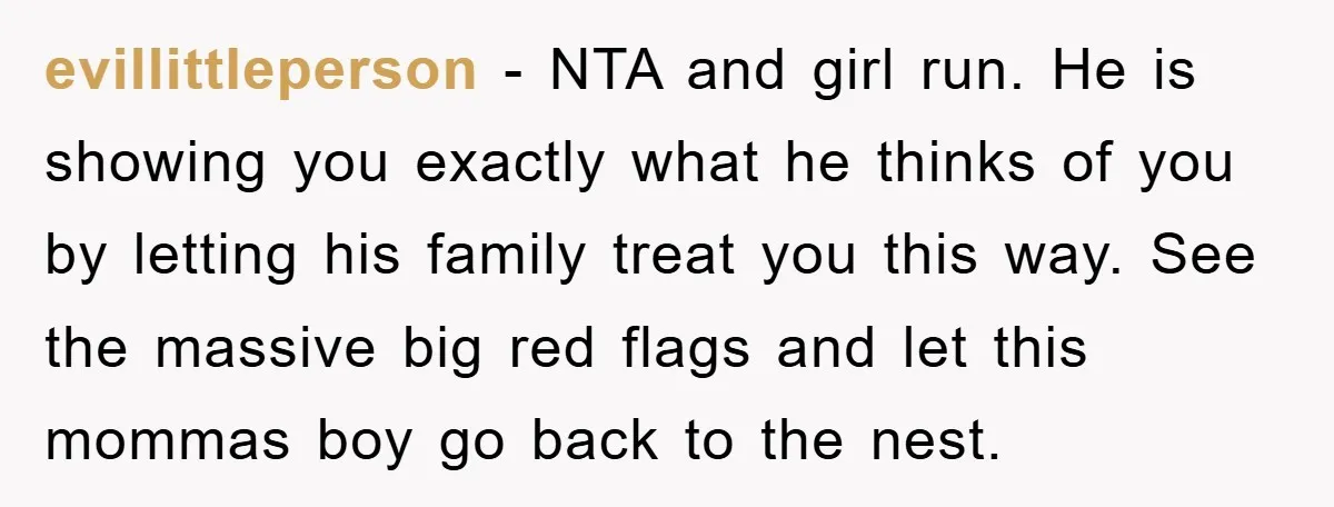 evillittleperson − NTA and girl run. He is showing you exactly what he thinks of you by letting his family treat you this way. See the massive big red flags...