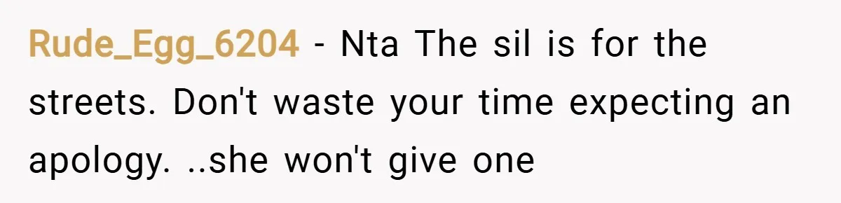 Rude_Egg_6204 − Nta The sil is for the streets. Don't waste your time expecting an apology. ..she won't give one