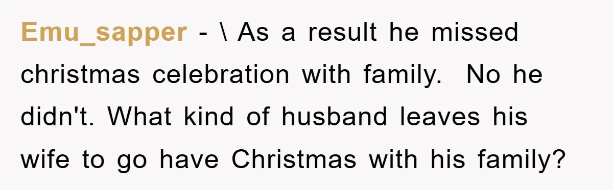 Emu_sapper − \ As a result he missed christmas celebration with family. ​ No he didn't. What kind of husband leaves his wife to go have Christmas with his family?