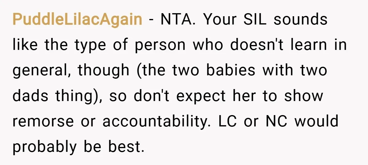 PuddleLilacAgain − NTA. Your SIL sounds like the type of person who doesn't learn in general, though (the two babies with two dads thing), so don't expect her to show...