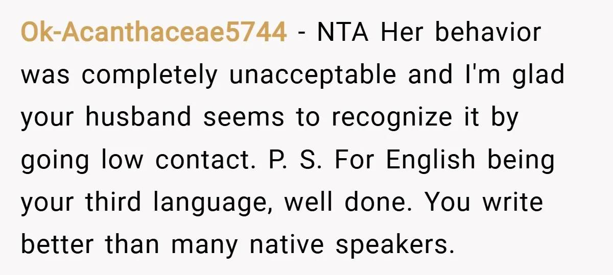 Ok-Acanthaceae5744 − NTA Her behavior was completely unacceptable and I'm glad your husband seems to recognize it by going low contact. P. S. For English being your third language, well...