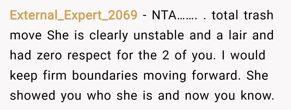 External_Expert_2069 − NTA……. . total trash move She is clearly unstable and a lair and had zero respect for the 2 of you. I would keep firm boundaries moving forward....