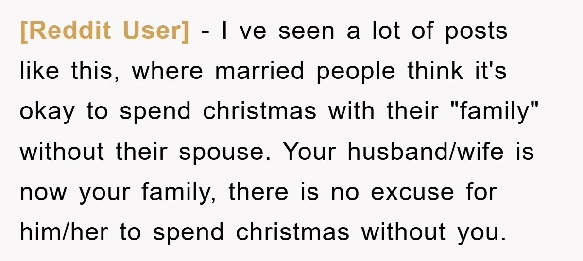 [Reddit User] − I ve seen a lot of posts like this, where married people think it's okay to spend christmas with their "family" without their spouse. Your husband/wife is...
