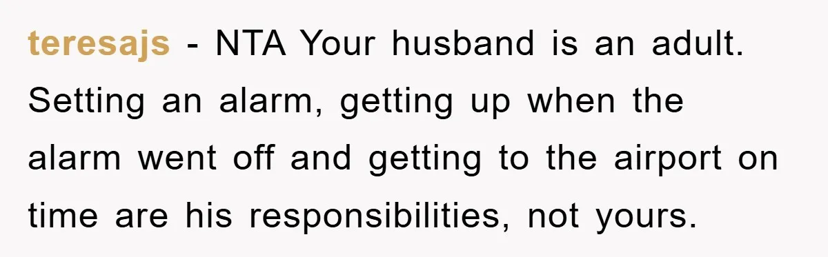 teresajs − NTA Your husband is an adult. Setting an alarm, getting up when the alarm went off and getting to the airport on time are his responsibilities, not yours.
