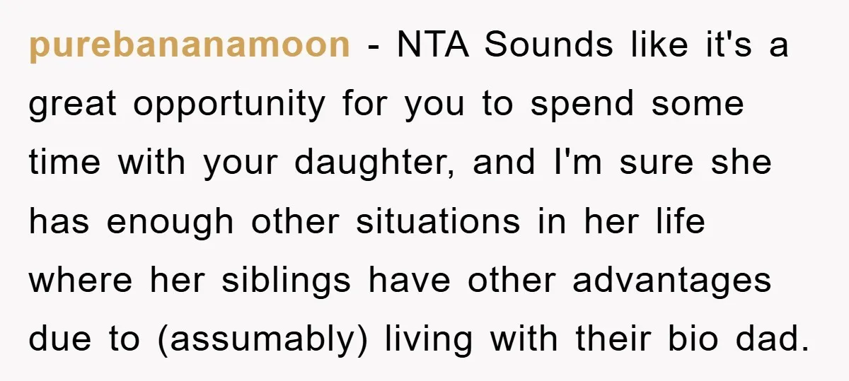 purebananamoon − NTA Sounds like it's a great opportunity for you to spend some time with your daughter, and I'm sure she has enough other situations in her life where...