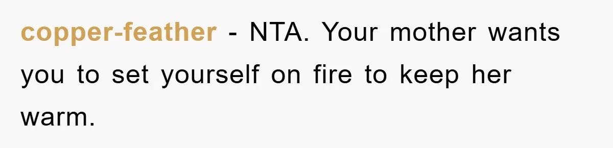 copper-feather − NTA. Your mother wants you to set yourself on fire to keep her warm.