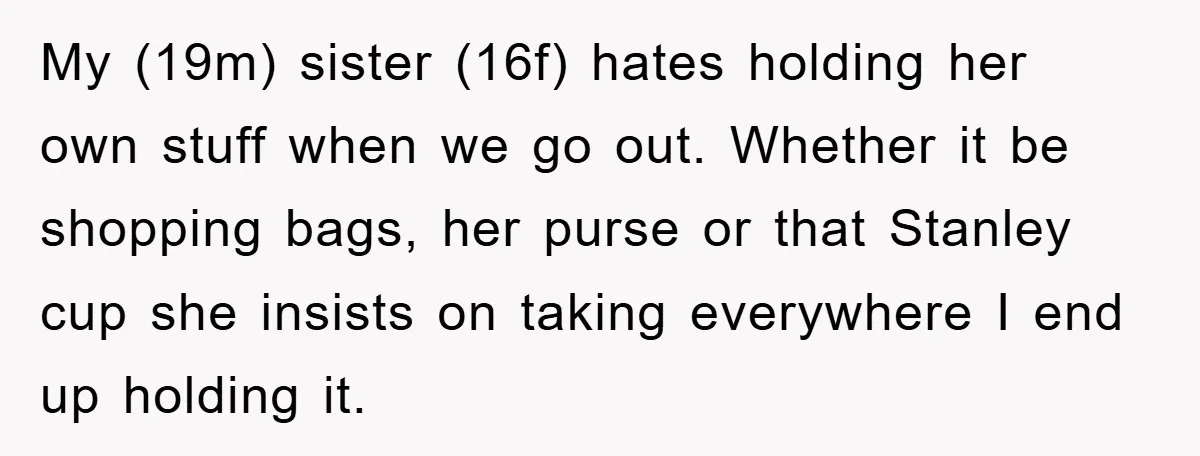 My (19m) sister (16f) hates holding her own stuff when we go out. Whether it be shopping bags, her purse or that Stanley cup she insists on taking everywhere I...