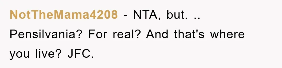 NotTheMama4208 − NTA, but. .. Pensilvania? For real? And that's where you live? JFC.