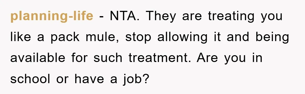 planning-life − NTA. They are treating you like a pack mule, stop allowing it and being available for such treatment. Are you in school or have a job?