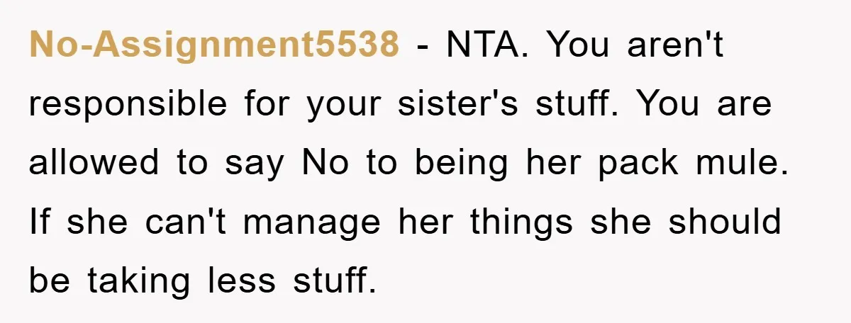 No-Assignment5538 − NTA. You aren't responsible for your sister's stuff. You are allowed to say No to being her pack mule. If she can't manage her things she should be...