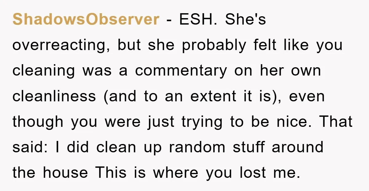 ShadowsObserver − ESH. She's overreacting, but she probably felt like you cleaning was a commentary on her own cleanliness (and to an extent it is), even though you were just...