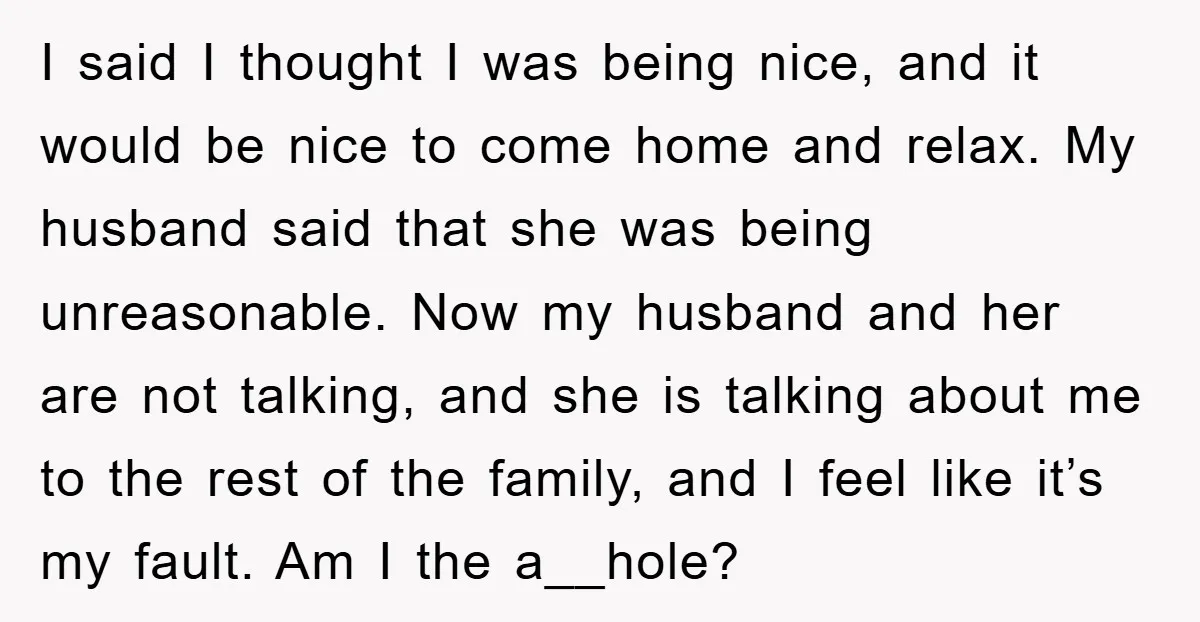I said I thought I was being nice, and it would be nice to come home and relax. My husband said that she was being unreasonable. Now my husband and...