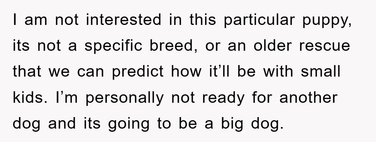 I am not interested in this particular puppy, its not a specific breed, or an older rescue that we can predict how it’ll be with small kids. I’m personally not...