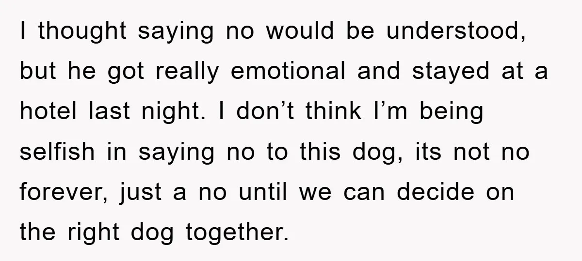 I thought saying no would be understood, but he got really emotional and stayed at a hotel last night. I don’t think I’m being selfish in saying no to this...