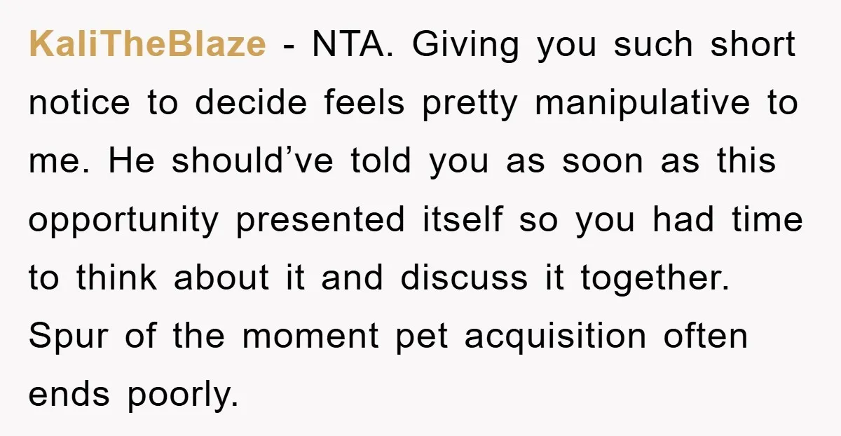 KaliTheBlaze − NTA. Giving you such short notice to decide feels pretty manipulative to me. He should’ve told you as soon as this opportunity presented itself so you had time...