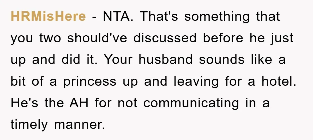 HRMisHere − NTA. That's something that you two should've discussed before he just up and did it. Your husband sounds like a bit of a princess up and leaving for...