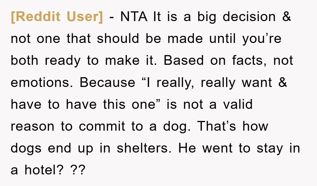 [Reddit User] − NTA It is a big decision & not one that should be made until you’re both ready to make it. Based on facts, not emotions. Because “I...