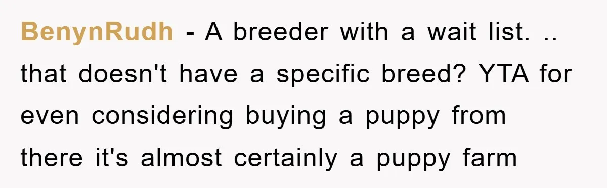BenynRudh − A breeder with a wait list. .. that doesn't have a specific breed? YTA for even considering buying a puppy from there it's almost certainly a puppy farm