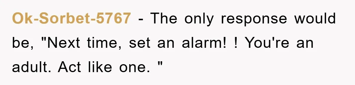 Ok-Sorbet-5767 − The only response would be, "Next time, set an alarm! ! You're an adult. Act like one. "