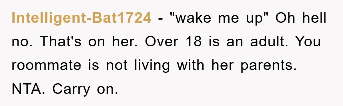 Intelligent-Bat1724 − "wake me up" Oh hell no. That's on her. Over 18 is an adult. You roommate is not living with her parents. NTA. Carry on.