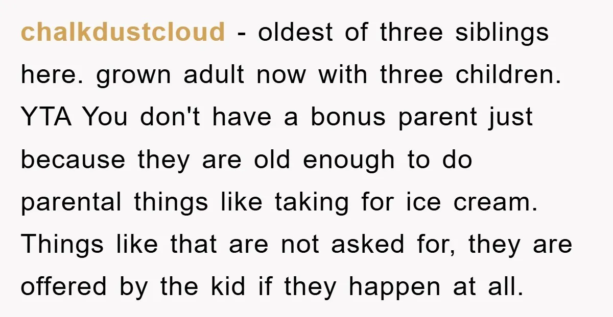 chalkdustcloud − oldest of three siblings here. grown adult now with three children. YTA You don't have a bonus parent just because they are old enough to do parental things...