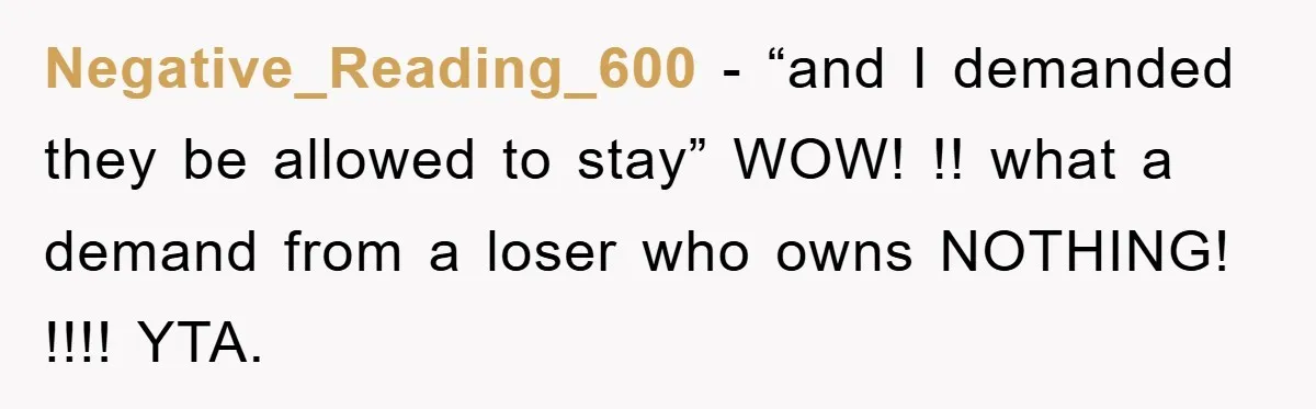 Negative_Reading_600 − “and I demanded they be allowed to stay” WOW! !! what a demand from a loser who owns NOTHING! !!!! YTA.