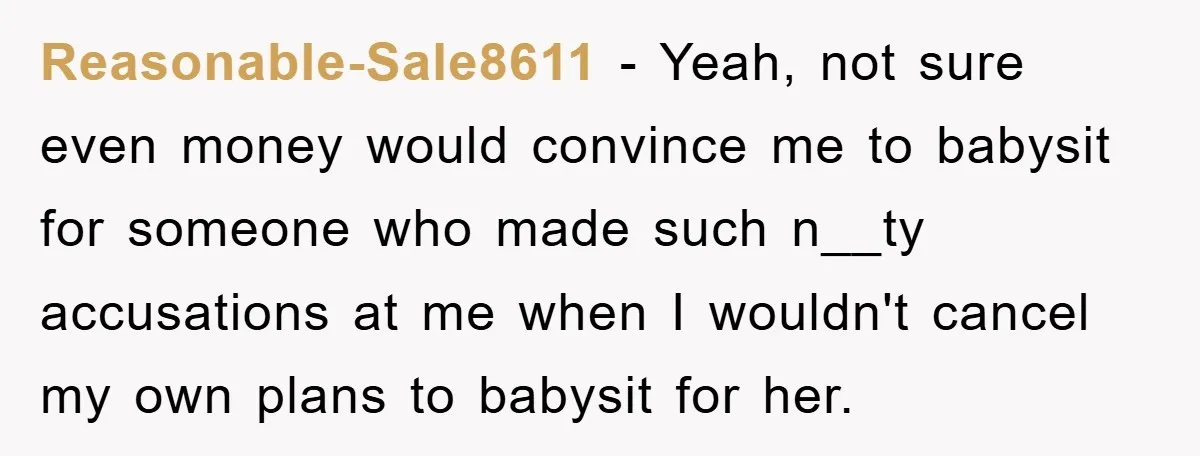Reasonable-Sale8611 − Yeah, not sure even money would convince me to babysit for someone who made such n__ty accusations at me when I wouldn't cancel my own plans to babysit...