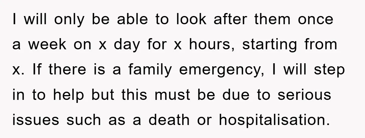 I will only be able to look after them once a week on x day for x hours, starting from x. If there is a family emergency, I will step...