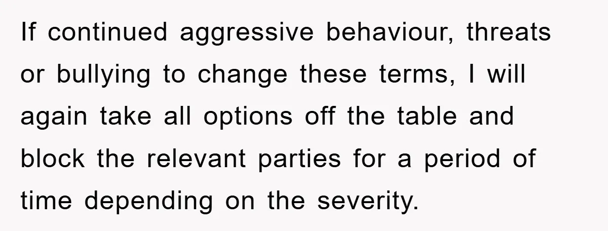 If continued aggressive behaviour, threats or bullying to change these terms, I will again take all options off the table and block the relevant parties for a period of time...