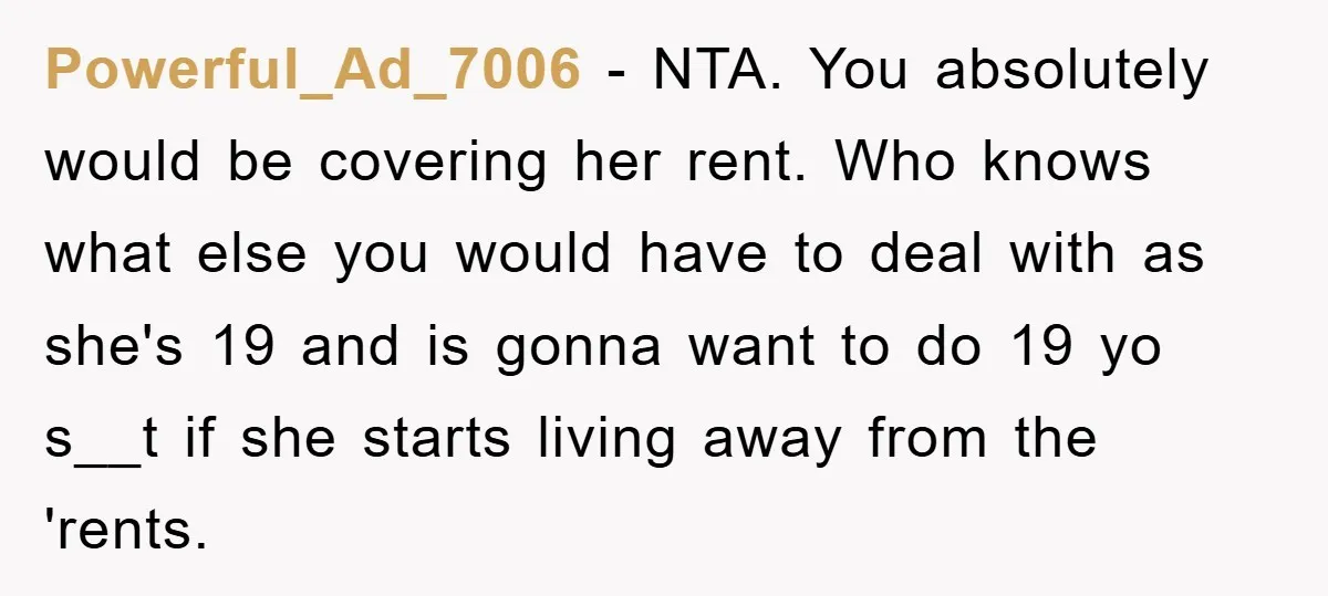 Powerful_Ad_7006 − NTA. You absolutely would be covering her rent. Who knows what else you would have to deal with as she's 19 and is gonna want to do 19...