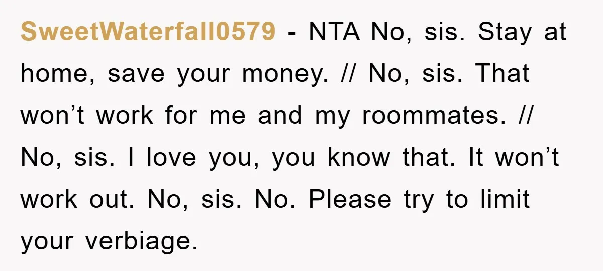 SweetWaterfall0579 − NTA No, sis. Stay at home, save your money. // No, sis. That won’t work for me and my roommates. // No, sis. I love you, you know...