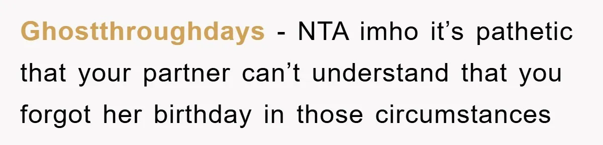 Ghostthroughdays − NTA imho it’s pathetic that your partner can’t understand that you forgot her birthday in those circumstances