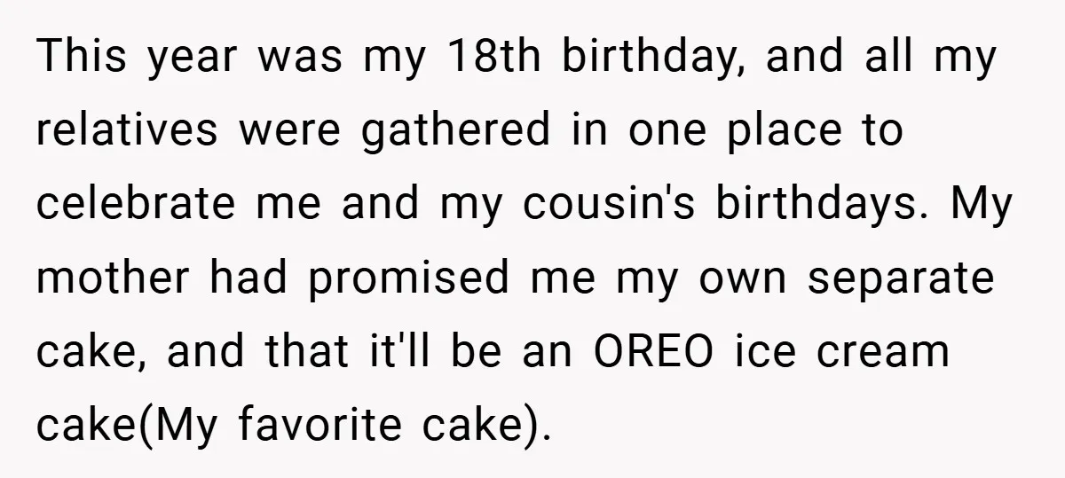 This year was my 18th birthday, and all my relatives were gathered in one place to celebrate me and my cousin's birthdays. My mother had promised me my own separate...