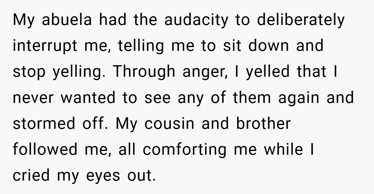 My abuela had the audacity to deliberately interrupt me, telling me to sit down and stop yelling. Through anger, I yelled that I never wanted to see any of them...