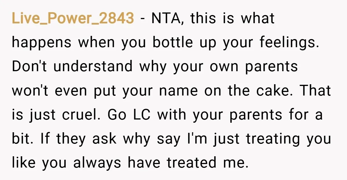 Live_Power_2843 − NTA, this is what happens when you bottle up your feelings. Don't understand why your own parents won't even put your name on the cake. That is just...