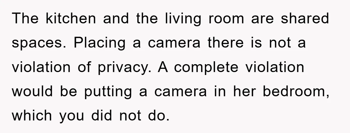 The kitchen and the living room are shared spaces. Placing a camera there is not a violation of privacy. A complete violation would be putting a camera in her bedroom,...