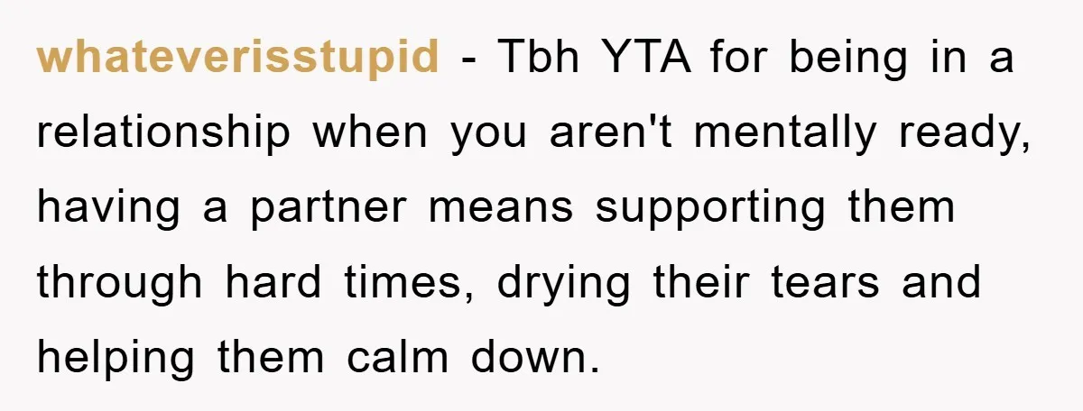 whateverisstupid − Tbh YTA for being in a relationship when you aren't mentally ready, having a partner means supporting them through hard times, drying their tears and helping them calm...