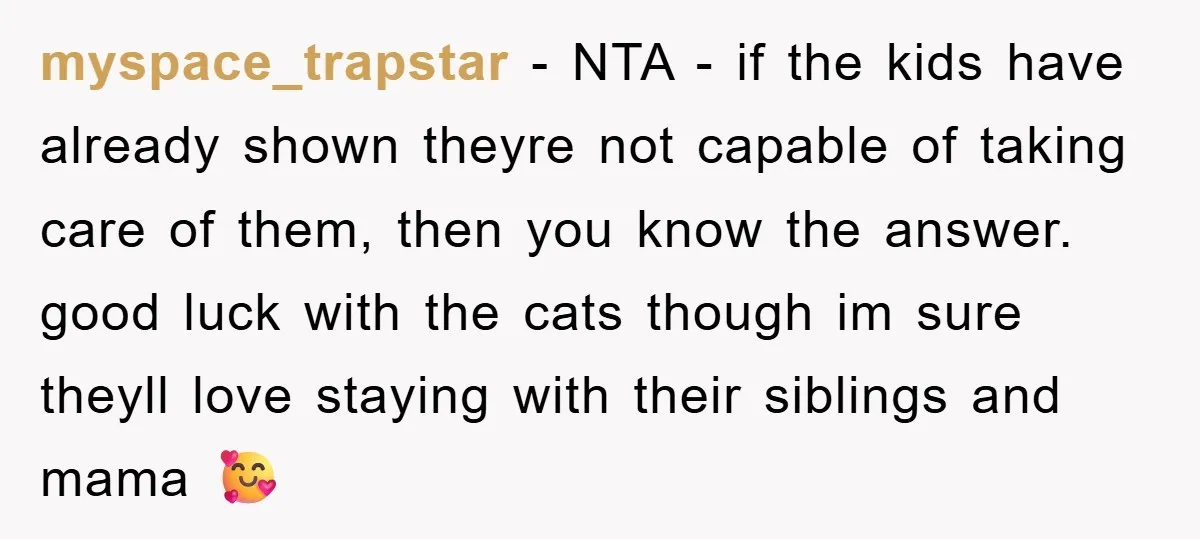 myspace_trapstar − NTA - if the kids have already shown theyre not capable of taking care of them, then you know the answer. good luck with the cats though im...