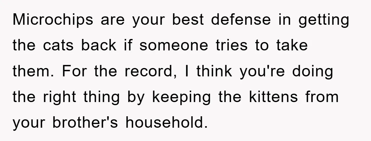 Microchips are your best defense in getting the cats back if someone tries to take them. For the record, I think you're doing the right thing by keeping the kittens...