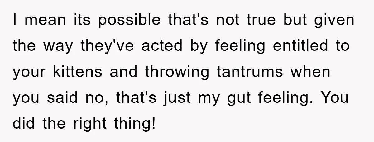 I mean its possible that's not true but given the way they've acted by feeling entitled to your kittens and throwing tantrums when you said no, that's just my gut...