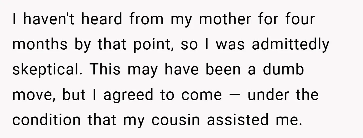 I haven't heard from my mother for four months by that point, so I was admittedly skeptical. This may have been a dumb move, but I agreed to come —...