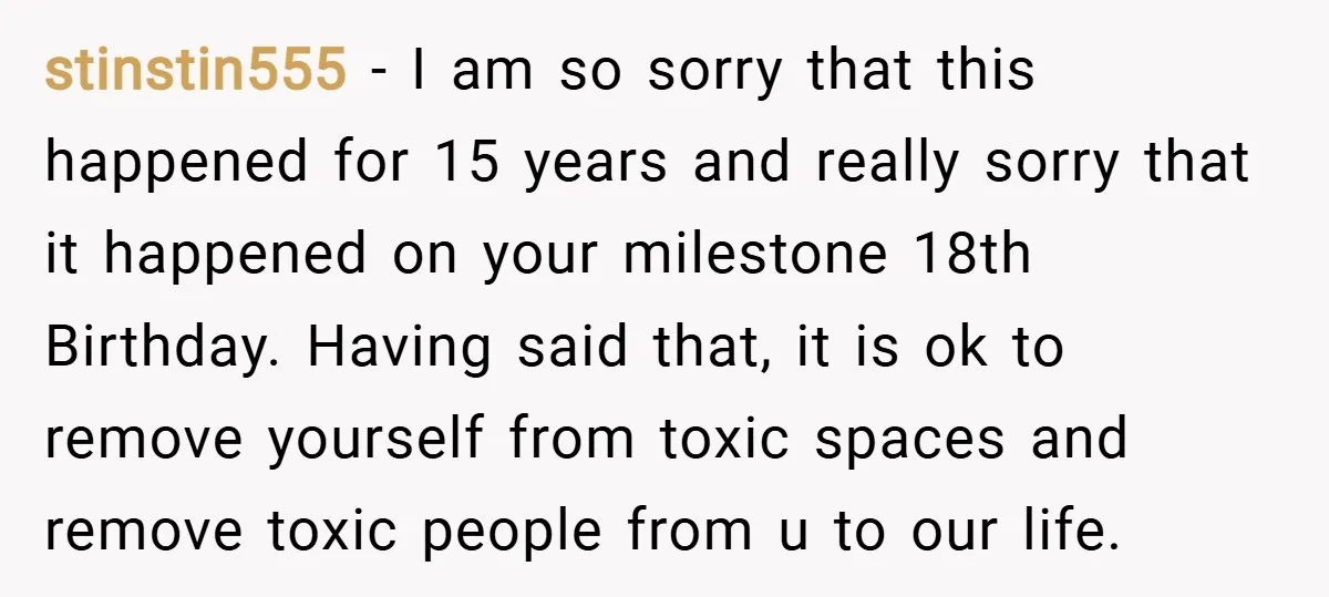 stinstin555 − I am so sorry that this happened for 15 years and really sorry that it happened on your milestone 18th Birthday. Having said that, it is ok to...