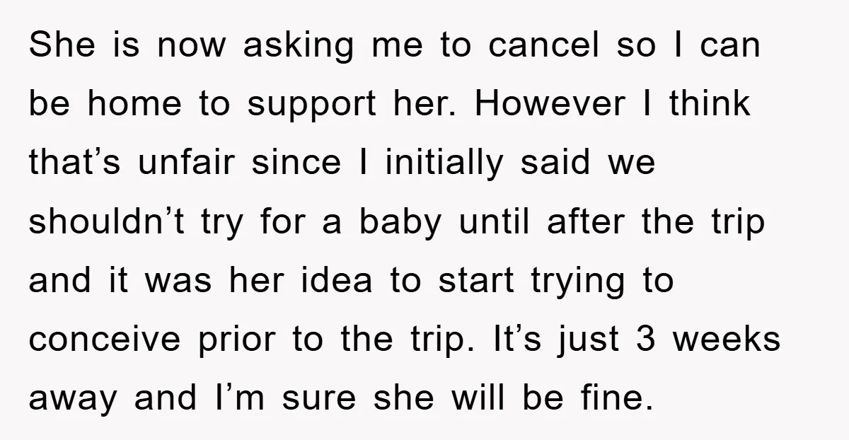 She is now asking me to cancel so I can be home to support her. However I think that’s unfair since I initially said we shouldn’t try for a baby...