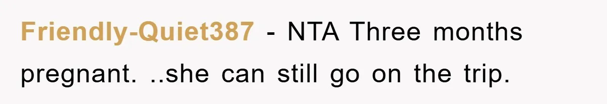 Friendly-Quiet387 − NTA Three months pregnant. ..she can still go on the trip.