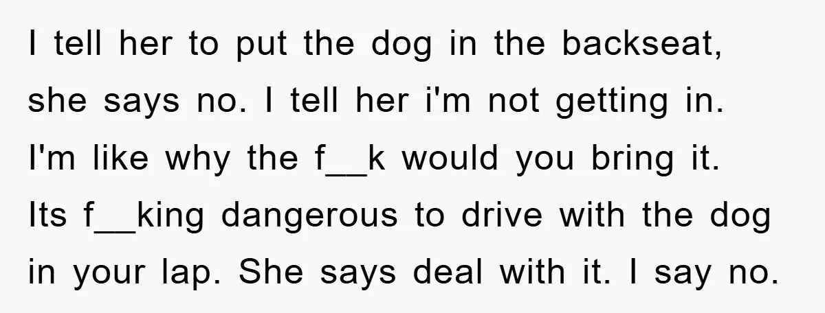I tell her to put the dog in the backseat, she says no. I tell her i'm not getting in. I'm like why the f__k would you bring it. Its...
