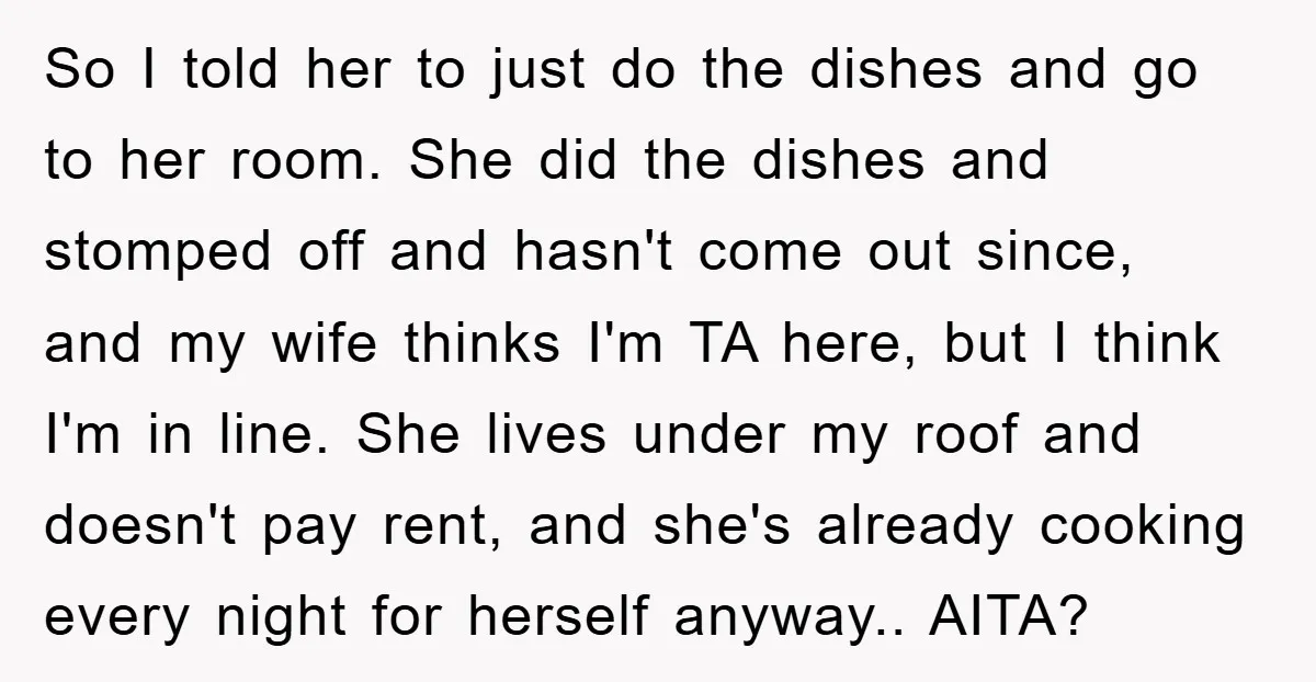So I told her to just do the dishes and go to her room. She did the dishes and stomped off and hasn't come out since, and my wife thinks...