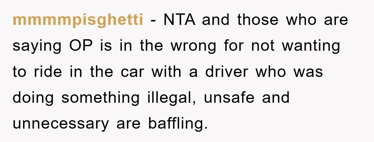 mmmmpisghetti − NTA and those who are saying OP is in the wrong for not wanting to ride in the car with a driver who was doing something illegal, unsafe...