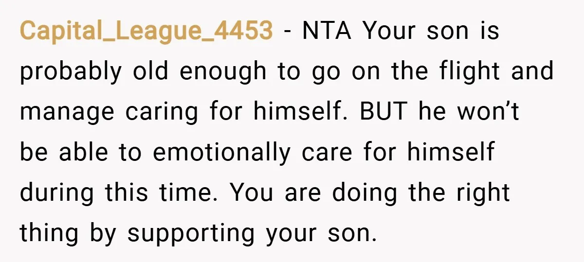 Capital_League_4453 − NTA Your son is probably old enough to go on the flight and manage caring for himself. BUT he won’t be able to emotionally care for himself during...